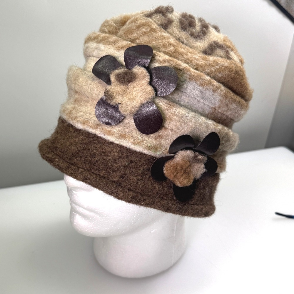 LAFENICE Cloche Hat Women OS Brown Wool Blend Made In Italy Floral Leopard Chic‎